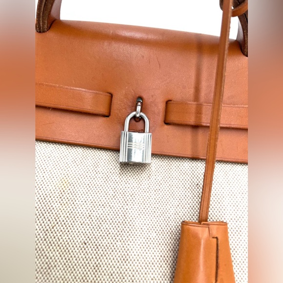 Hermes Tan Leather and Cream Canvas Crossbody Bag - Picture 8 of 16